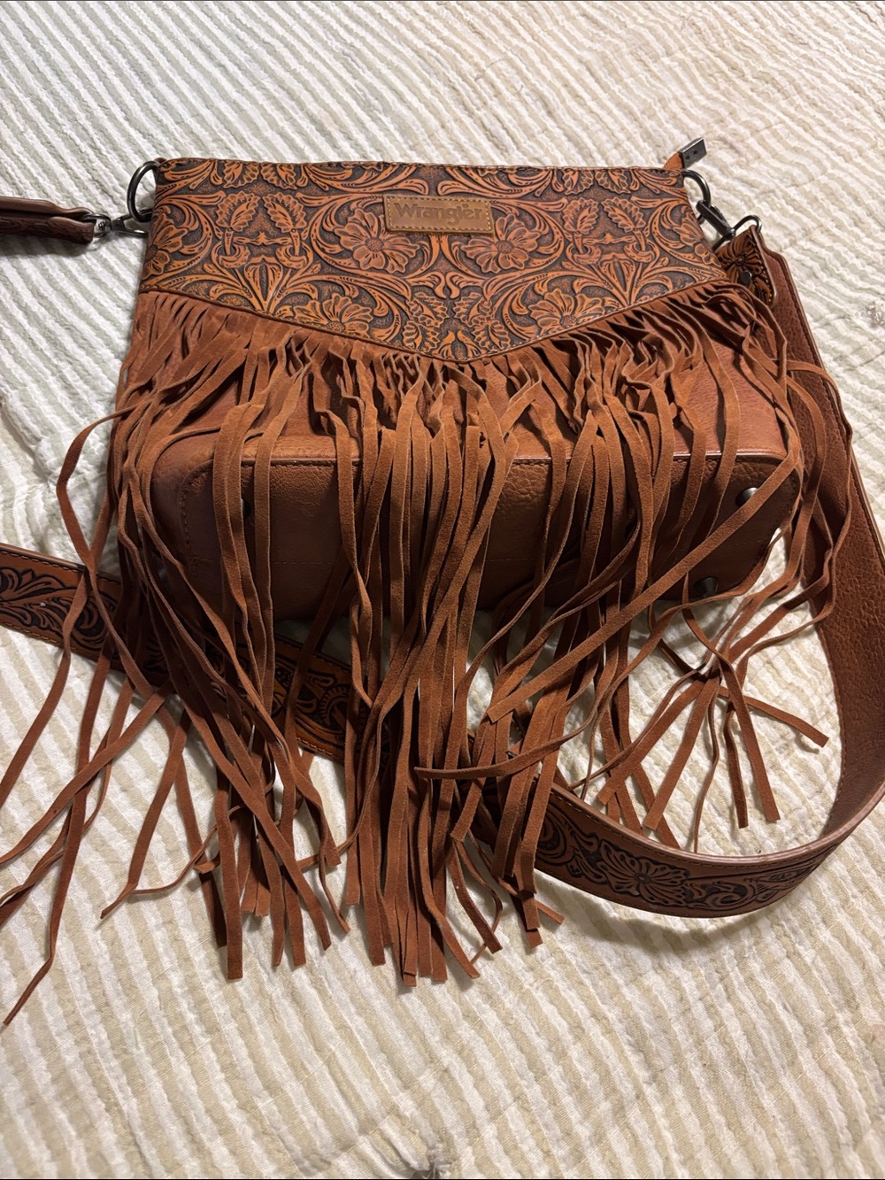 Wrangler Cognac Fringe Crossbody with Embossed Floral Panel